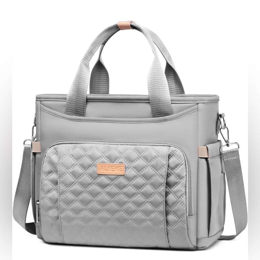 Insulated Large Gray Lunch Bag with Shoulder Strap and Pockets
